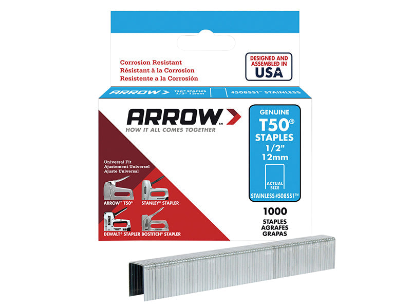 T50 Staples Stainless Steel 508SS 12mm (1/2in) (Box 1000), Arrow