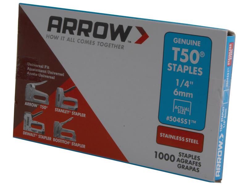 T50 Staples Stainless Steel 504SS 6mm (1/4in) (Box 1000), Arrow