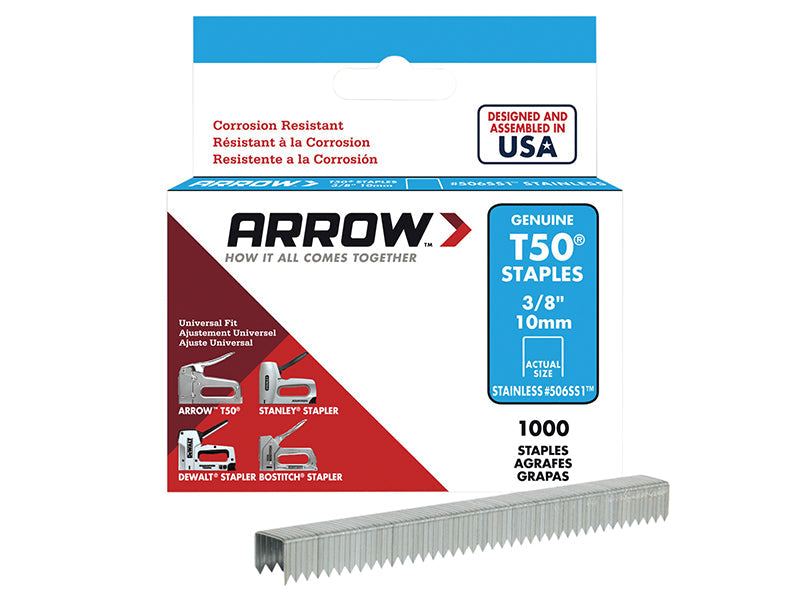 T50 Staples Stainless Steel 506SS 10mm (3/8in) (Box 1000), Arrow