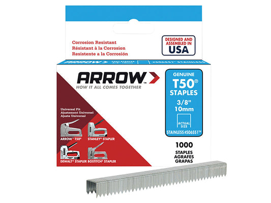 T50 Staples Stainless Steel 506SS 10mm (3/8in) (Box 1000), Arrow