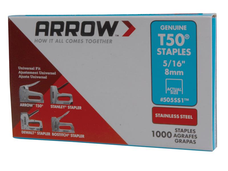 T50 Staples Stainless Steel 505SS 8mm (5/16in) (Box 1000), Arrow