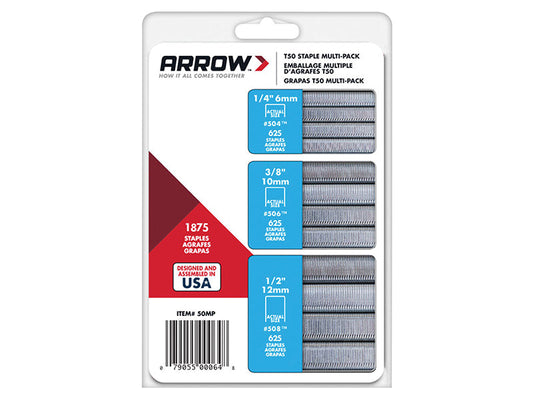 T50 Staples Multi Pack 6mm  10mm & 12mm (Box 1875, 3 x 625), Arrow