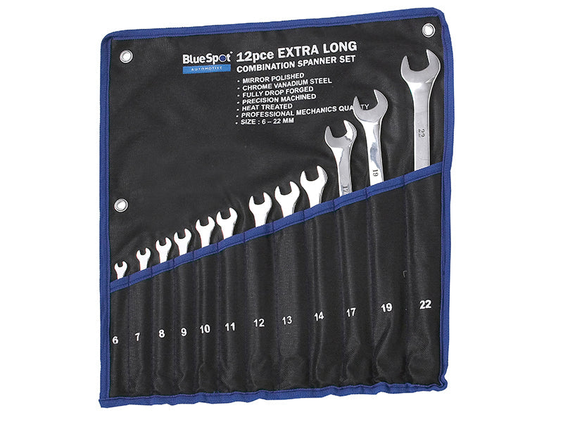 Extra Long Combination Spanner Set, 12 Piece, BlueSpot Tools