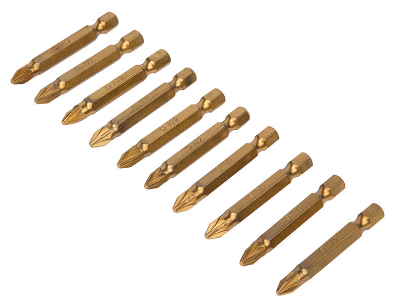 Titanium Coated Screwdriver Bits PZ2 x 50mm (Pack 10), BlueSpot Tools