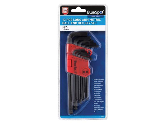 Long Arm Ball End Hexagon Key Set, 13 Piece (1.27-10mm), BlueSpot Tools