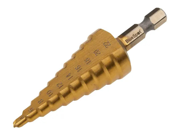 HSS 1/4in Hex Shank Step Drill 4-22mm, BlueSpot Tools