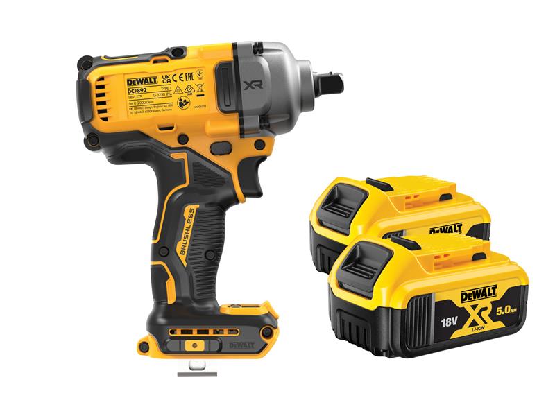 DCF892P2T XR BL High Torque 1/2in Impact Wrench 18V 2 x 5.0Ah Li-ion, DEWALT