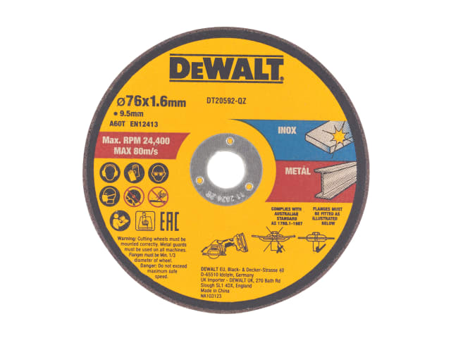 DT20592 Bonded Abrasive Cutting Disc 76 x 1.6 x 9.5mm (3 Pack), DEWALT