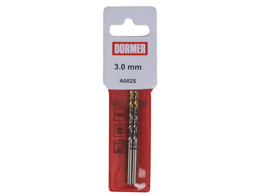 A002 HSS-TiN Coated Jobber Drills (2) 3.0mm OL:61mm WL:33mm, Dormer