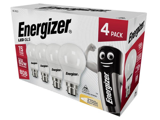 LED BC (B22) Opal GLS Non-Dimmable Bulb, Warm White 806 lm 8.2W (Pack 4), Energizer®