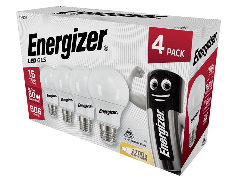 LED ES (E27) Opal GLS Non-Dimmable Bulb, Warm White 806 lm 8.2W (Pack 4), Energizer®