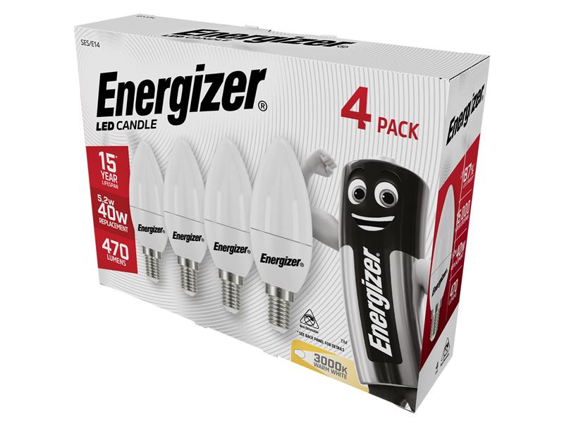 LED SES (E14) Opal Candle Non-Dimmable Bulb, Warm White 470 lm 5.2W (Pack 4), Energizer®