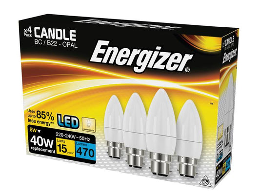 LED BC (B22) Opal Candle Non-Dimmable Bulb, Warm White 470 lm 5.2W (Pack 4), Energizer®