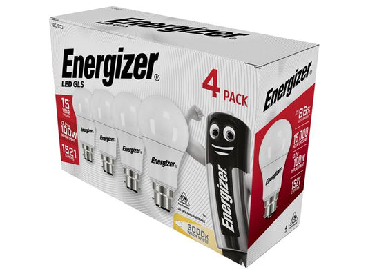 LED BC (B22) Opal GLS Non-Dimmable Bulb, Warm White 1521 lm 13.2W (Pack 4), Energizer®