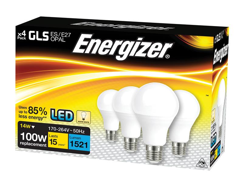 LED ES (E27) Opal GLS Non-Dimmable Bulb, Warm White 1521 lm 13.2W (Pack 4), Energizer®