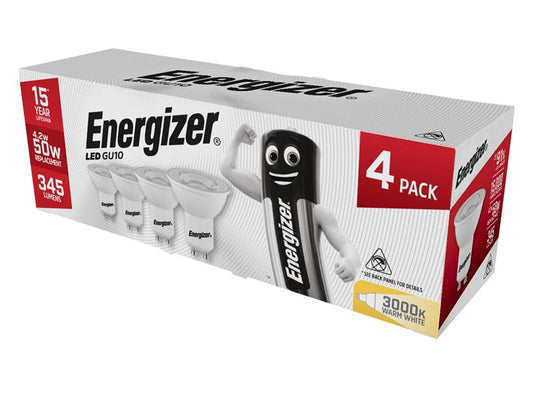 LED GU10 50° Non-Dimmable Bulb, Warm White 345 lm 4.2W (Pack 4), Energizer®