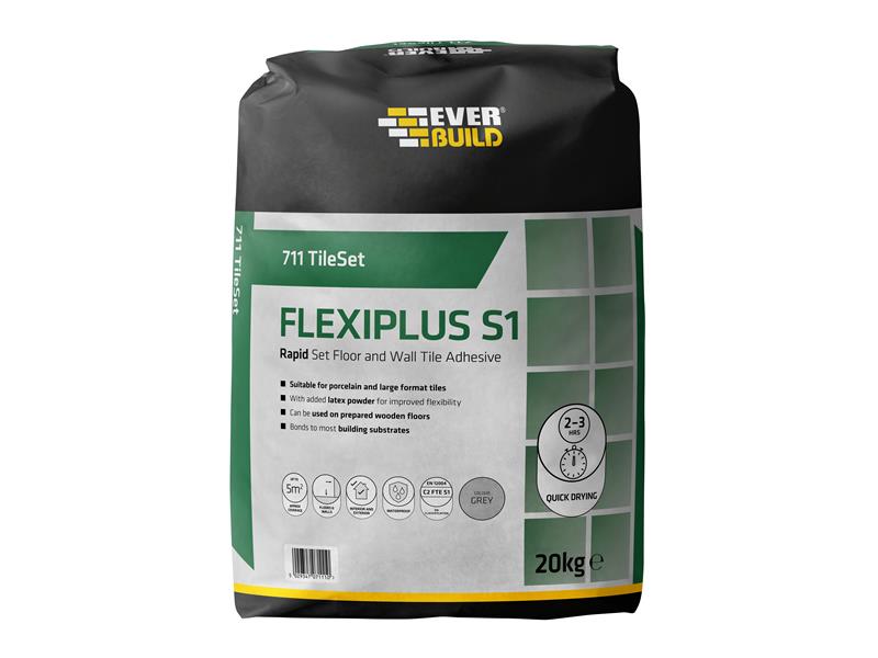 711 TileSet Flexiplus Tile Adhesive Grey 20kg, Everbuild