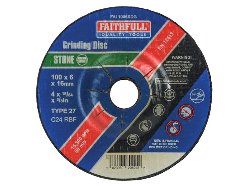 Depressed Centre Stone Grinding Disc 100 x 6 x 16mm, Faithfull