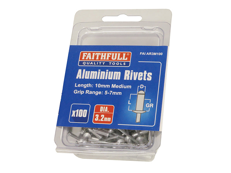 Aluminium Rivets 3.2 x 10mm Medium Pre-Pack of 100, Faithfull