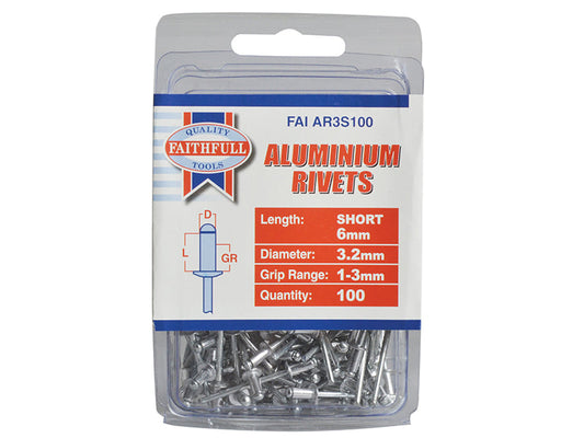 Aluminium Rivets 3.2 x 6mm Short Pre-Pack of 100, Faithfull