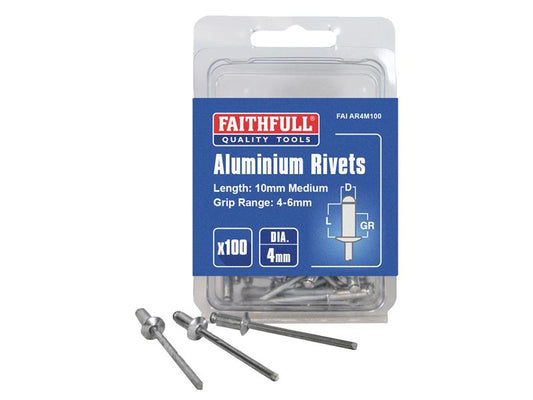 Aluminium Rivets 4 x 10mm Medium Pre-Pack of 100, Faithfull