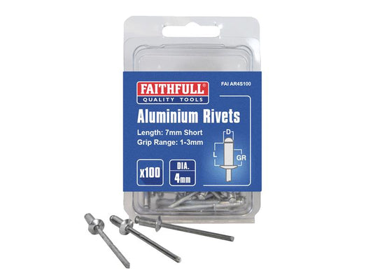 Aluminium Rivets 4 x 7mm Short Pre-Pack of 100, Faithfull