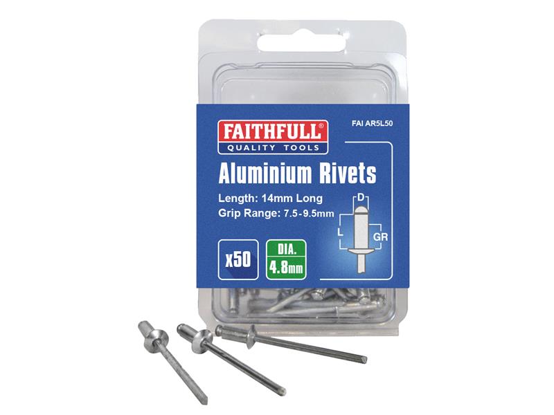 Aluminium Rivets 4.8 x 14mm Long Pre-Pack of 50, Faithfull