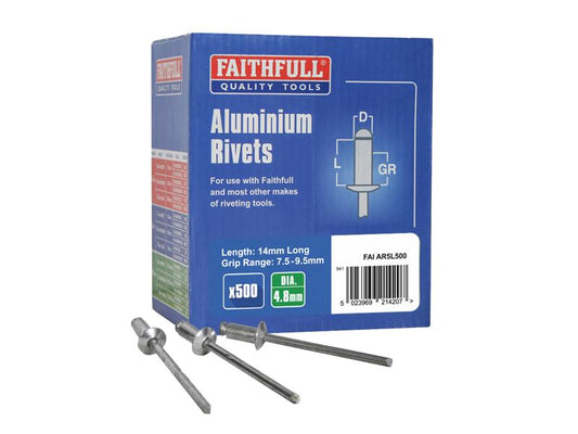 Aluminium Rivets 4.8 x 14mm Long Bulk Pack of 500, Faithfull