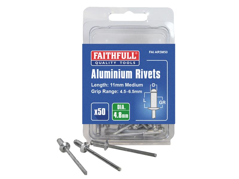 Aluminium Rivets 4.8 x 11mm Medium Pre-Pack of 50, Faithfull