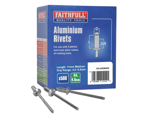 Aluminium Rivets 4.8 x 11mm Medium Bulk Pack of 500, Faithfull