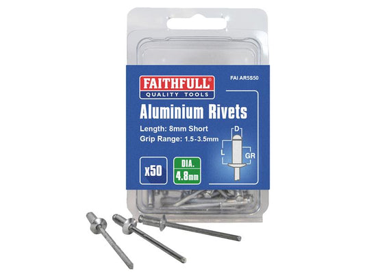 Aluminium Rivets 4.8 x 8mm Short Pre-Pack of 50, Faithfull