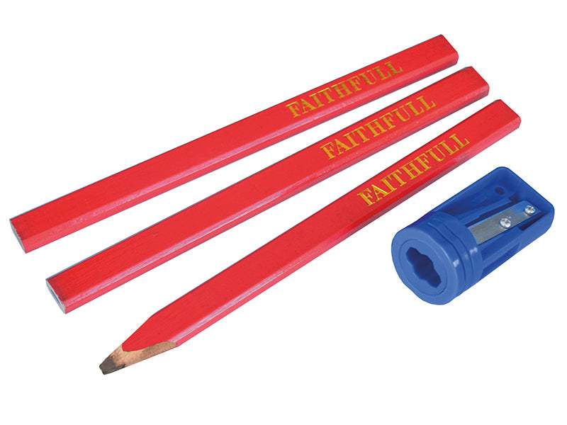 Carpenters' Pencils Red (Pack 3 + Sharpener), Faithfull