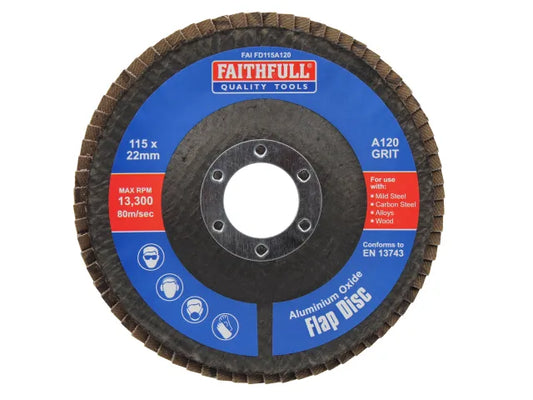 Aluminium Oxide Flap Disc 115 x 22mm 120 Grit, Faithfull