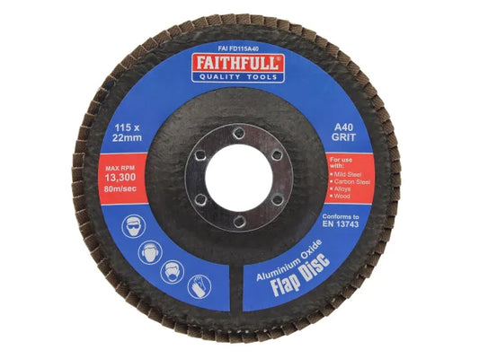 Aluminium Oxide Flap Disc 115 x 22mm 40 Grit, Faithfull