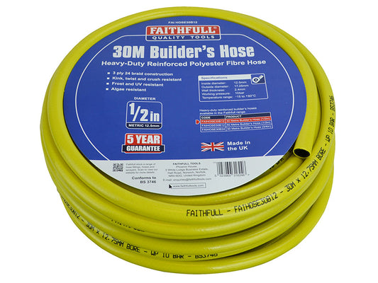 Heavy-Duty Reinforced Builder's Hose 30m 12.5mm (1/2in) Diameter, Faithfull