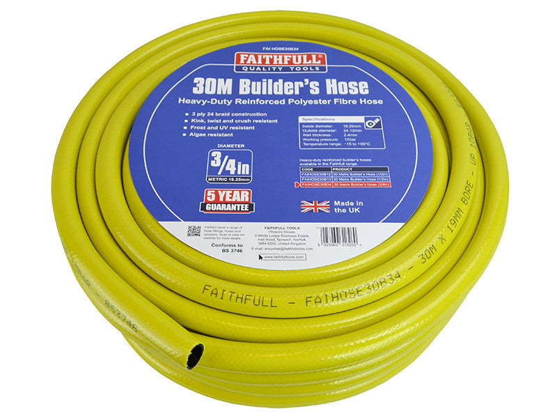 Heavy-Duty Reinforced Builder's Hose 30m 19mm (3/4in) Diameter, Faithfull