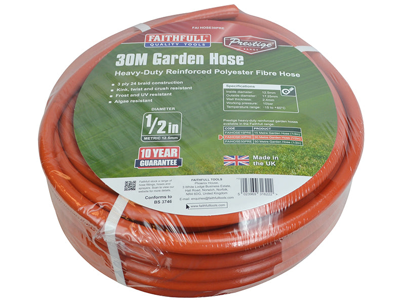 Prestige Heavy-Duty Garden Hose 30m 12.5mm (1/2in) Diameter, Faithfull