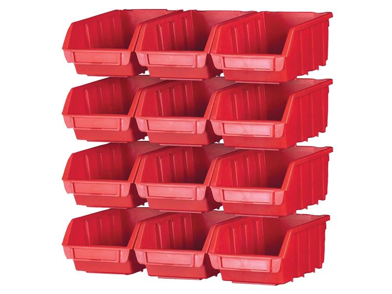 12 Plastic Storage Bins with Wall Mounting Rails, Faithfull