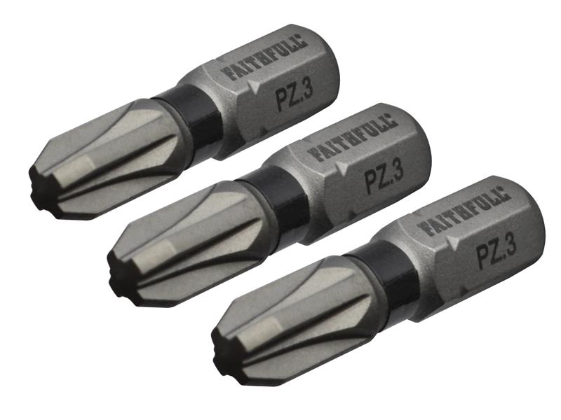 Pozi Impact Screwdriver Bits PZ3 x 25mm (Pack 3), Faithfull