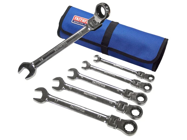 Ratchet Combination Spanner Set in Tool Roll, 6 Piece, Faithfull