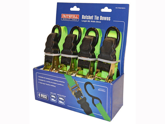 Ratchet Tie-Downs 5m x 25mm Green 4 Piece, Faithfull