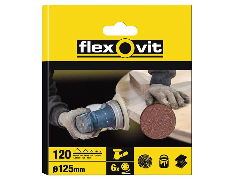 Hook & Loop Sanding Disc 125mm Fine 120G 8 Holes (Pack 6), Flexovit