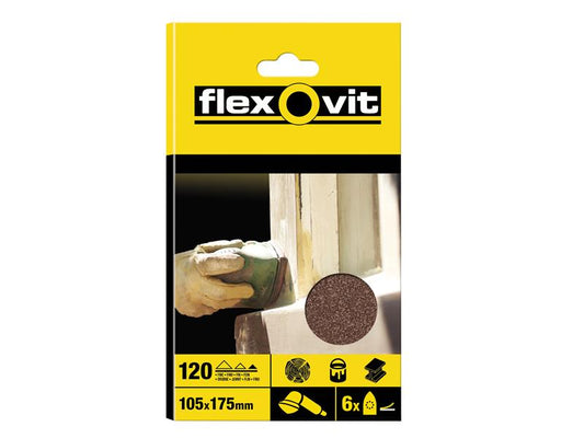 Detail Hook & Loop Sanding Sheets 105x175mm Fine 120G (Pack 6), Flexovit