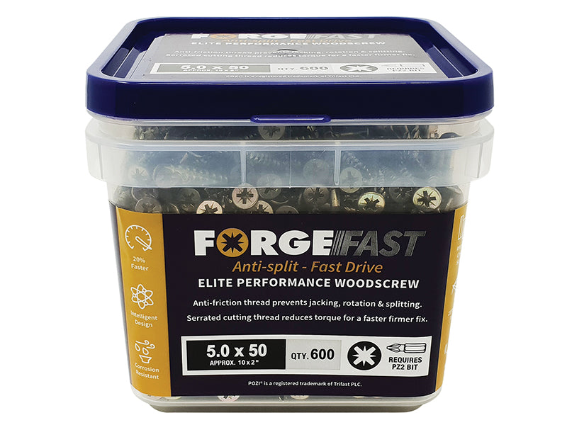 ForgeFast Pozi Compatible Elite Performance Wood Screw ZY 5.0 x 50mm Tub 600, ForgeFix