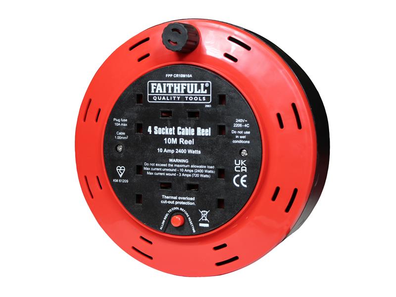 Cable Reel 240V 10A 4-Socket 10m, Faithfull Power Plus