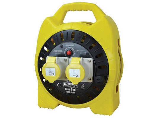 Semi-Enclosed Cable Reel 110V 16A 2-Socket 15m (1.5mm Cable), Faithfull Power Plus