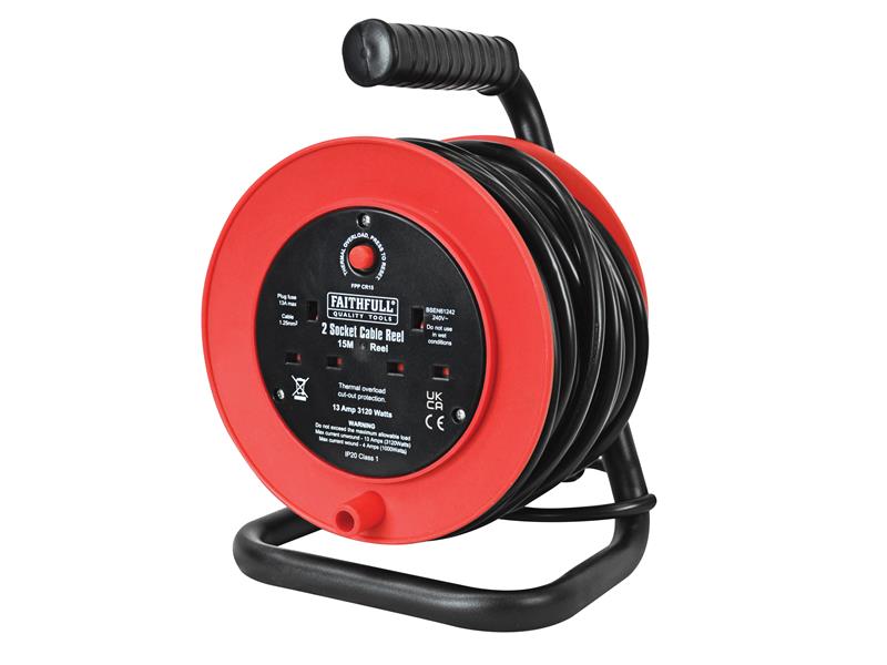 Open Drum Cable Reel 240V 13A 2-Socket 15m, Faithfull Power Plus