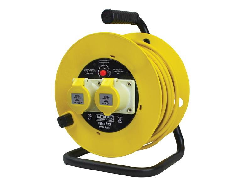 Open Drum Cable Reel 110V 16A 2-Socket 25m (2.5mm Cable), Faithfull Power Plus