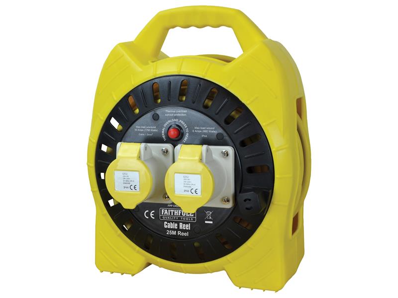 Semi-Enclosed Cable Reel 110V 16A 2-Socket 25m (1.5mm Cable), Faithfull Power Plus