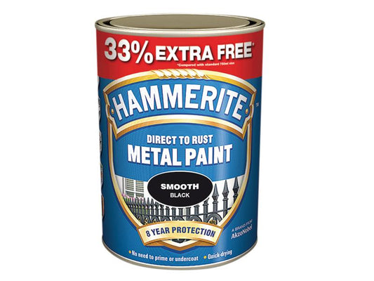 Direct to Rust Smooth Finish Metal Paint Black 750ml + 33%, Hammerite